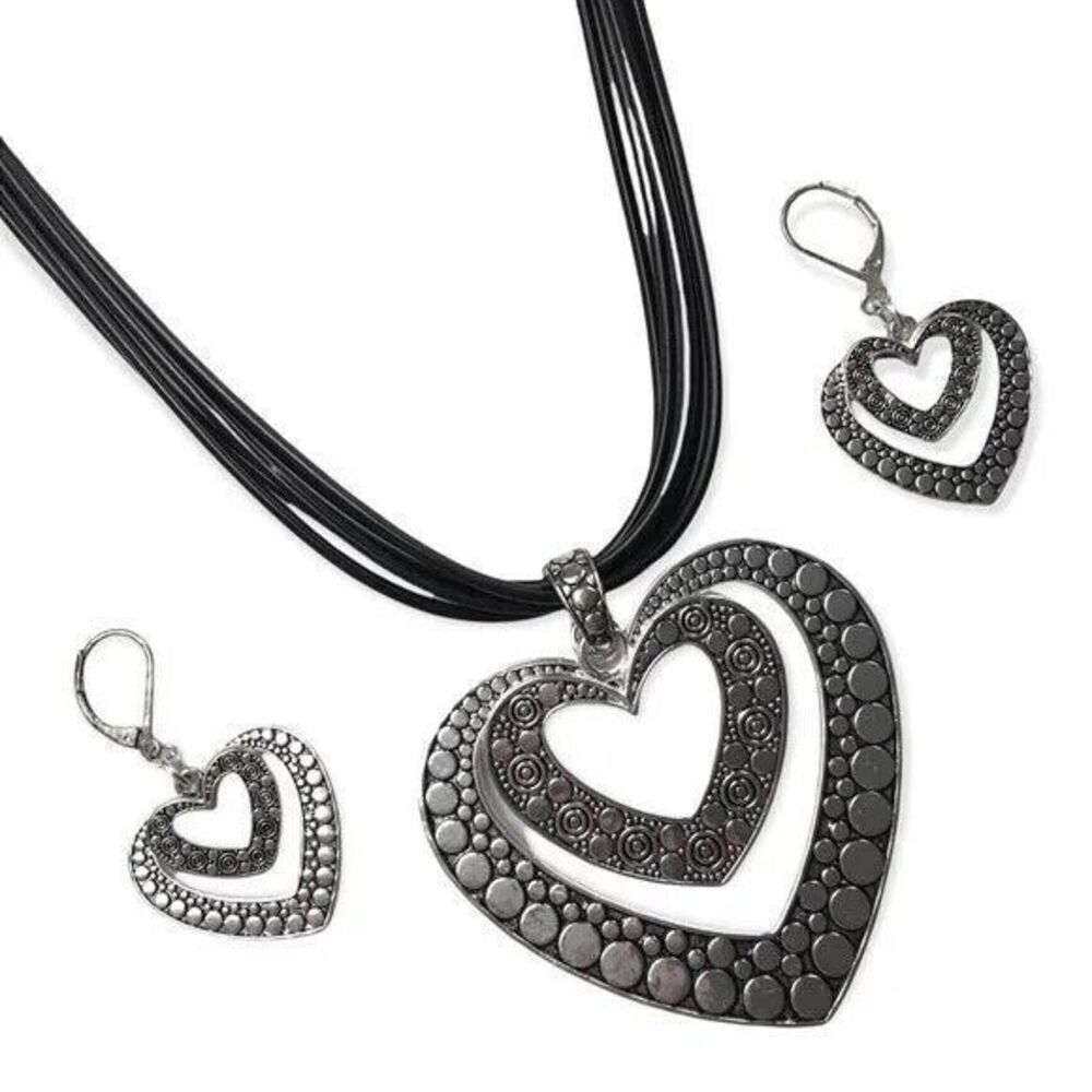 Black Five Strand Rubber Cord Heart Necklace Leverback Silver Tone Earrings Set